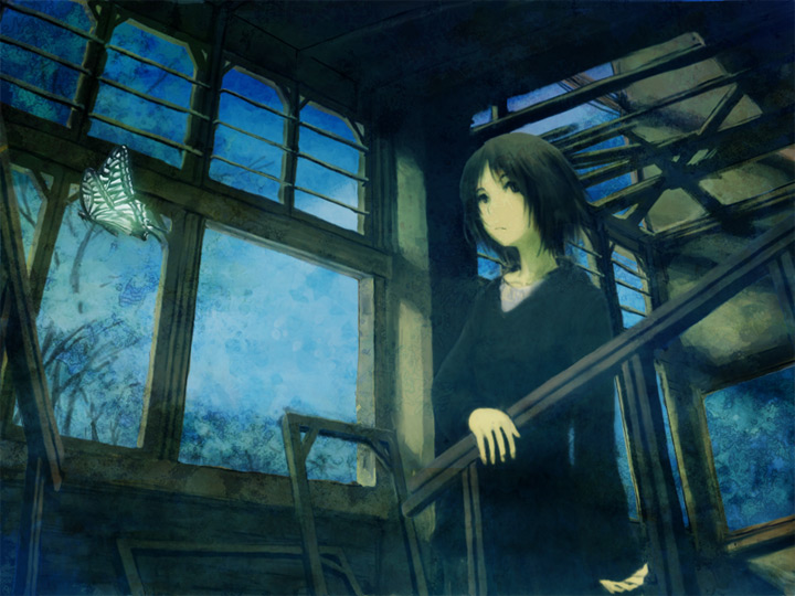 yoshidaworks, original, bad id, bad pixiv id, black hair, bug, butterfly, cloud, insect, short hair, sky, solo, sweater, tree