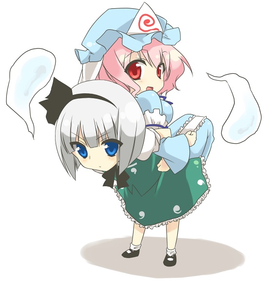 soumendaze, konpaku youmu, saigyouji yuyuko, touhou, silver hair, 2girls, back-to-back, blue eyes, breasts, carrying, chibi, female focus, hat, multiple girls, pink hair, red eyes, ribbon, short hair, white background