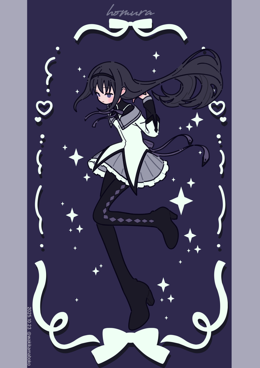 neki (wakiko), akemi homura, mahou shoujo madoka magica, mahou shoujo madoka magica (anime), commentary request, highres, revision, 1girl, black boots, black hair, black hairband, black shirt, boots, character name, dated, floating hair, full body, grey skirt, hairband, hand up, high heel boots, high heels, jacket, knees together feet apart, layered sleeves, long hair, long sleeves, magical girl, pleated skirt, purple background, purple eyes, shirt, skirt, solo, thigh boots, twitter username, very long hair, white jacket