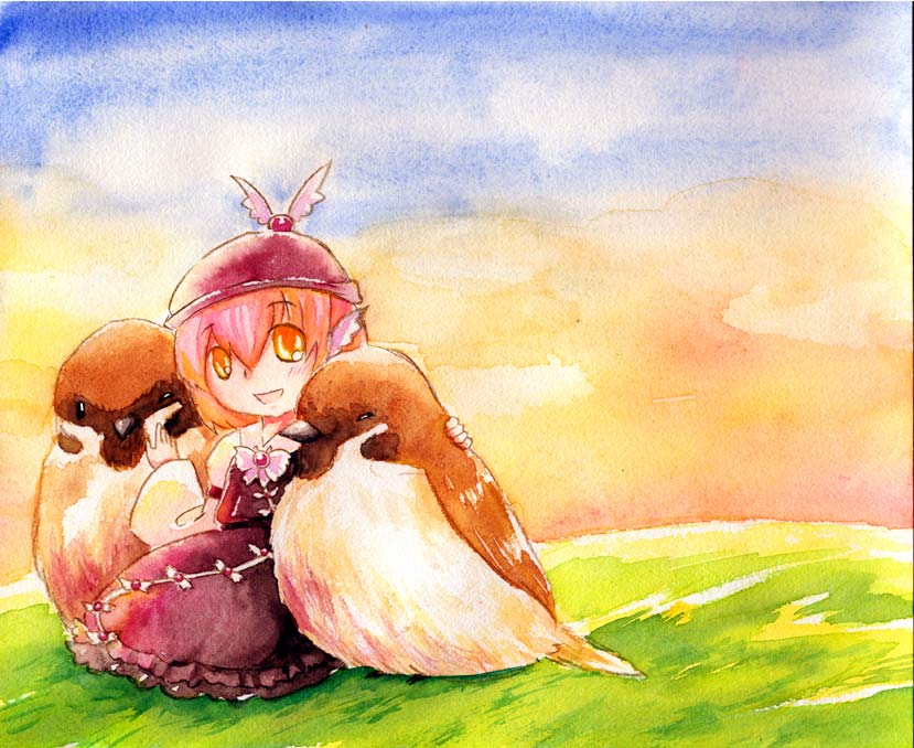 shiroaisa, mystia lorelei, touhou, painting (medium), traditional media, watercolor (medium), 1girl, animal ears, bird, female focus, hat, orange eyes, pink hair, short hair, solo, sparrow