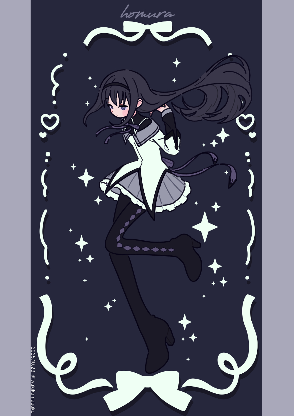 neki (wakiko), akemi homura, mahou shoujo madoka magica, mahou shoujo madoka magica (anime), commentary request, highres, 1girl, black background, black boots, black hair, black hairband, black shirt, boots, character name, dated, floating hair, full body, grey skirt, hairband, hand up, high heel boots, high heels, jacket, knees together feet apart, layered sleeves, long hair, long sleeves, magical girl, pleated skirt, purple eyes, shirt, skirt, solo, thigh boots, twitter username, very long hair, white jacket