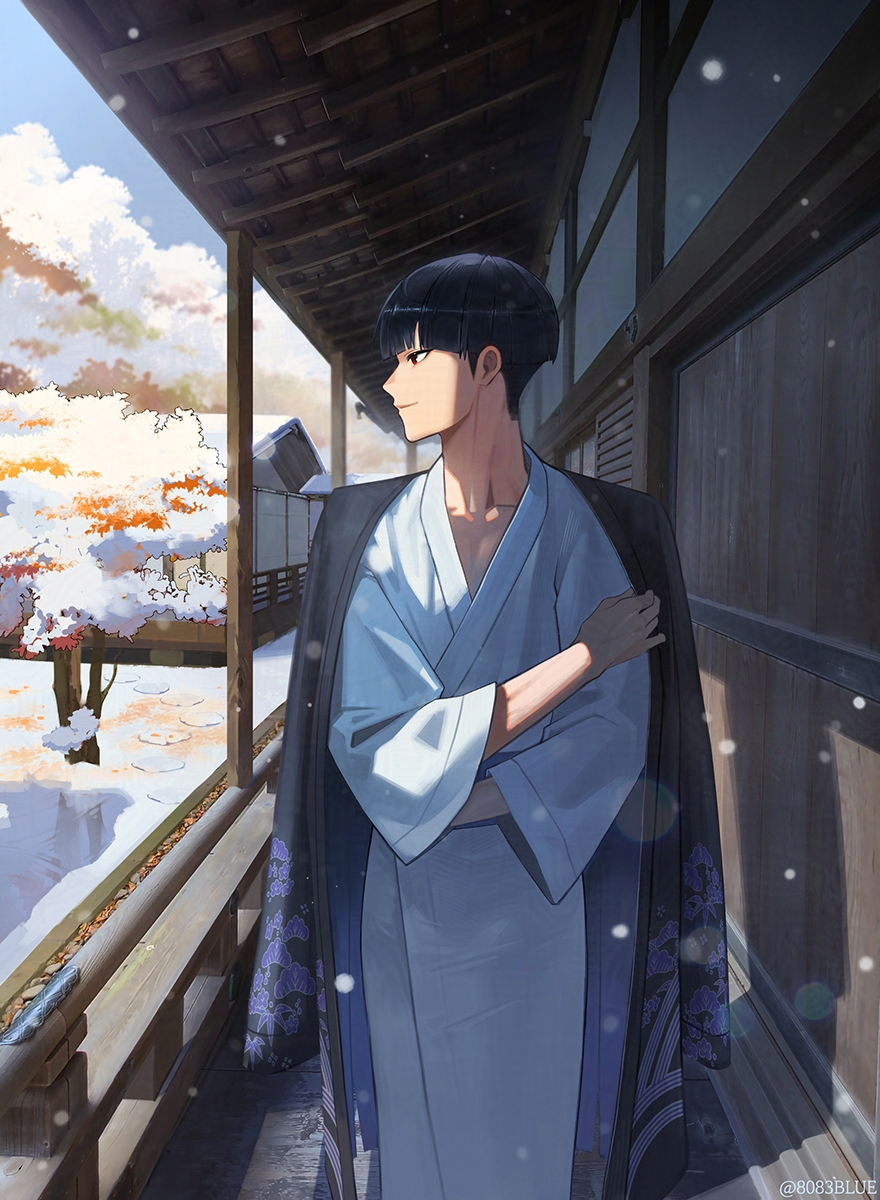8083 blue, hoshina soshiro, kaijuu no. 8, highres, 1boy, black hair, closed mouth, collarbone, japanese clothes, kimono, long sleeves, looking to the side, male focus, outdoors, red eyes, short hair, sideburns, snow, snowing, solo, white kimono, winter