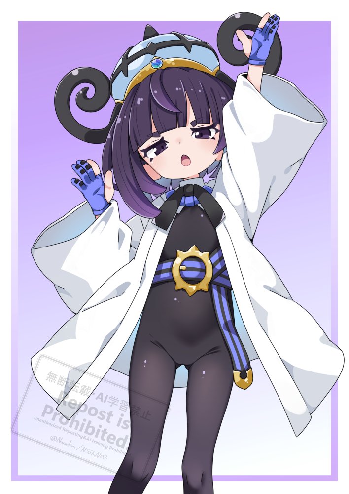 nassukun, gwynn (pokemon), nintendo, pokemon, pokemon legends: z-a, commentary request, 1girl, :o, arm up, belt, belt buckle, black bodysuit, blue gloves, bodysuit, border, buckle, coat, flat chest, gloves, gluteal fold, gradient background, hand up, hat, long sleeves, looking at viewer, mega stone, o-ring, o-ring belt, open clothes, open coat, open mouth, outside border, partially fingerless gloves, purple background, purple eyes, purple hair, short hair, simple background, solo, straight-on, watermark, white border, white coat, wide sleeves