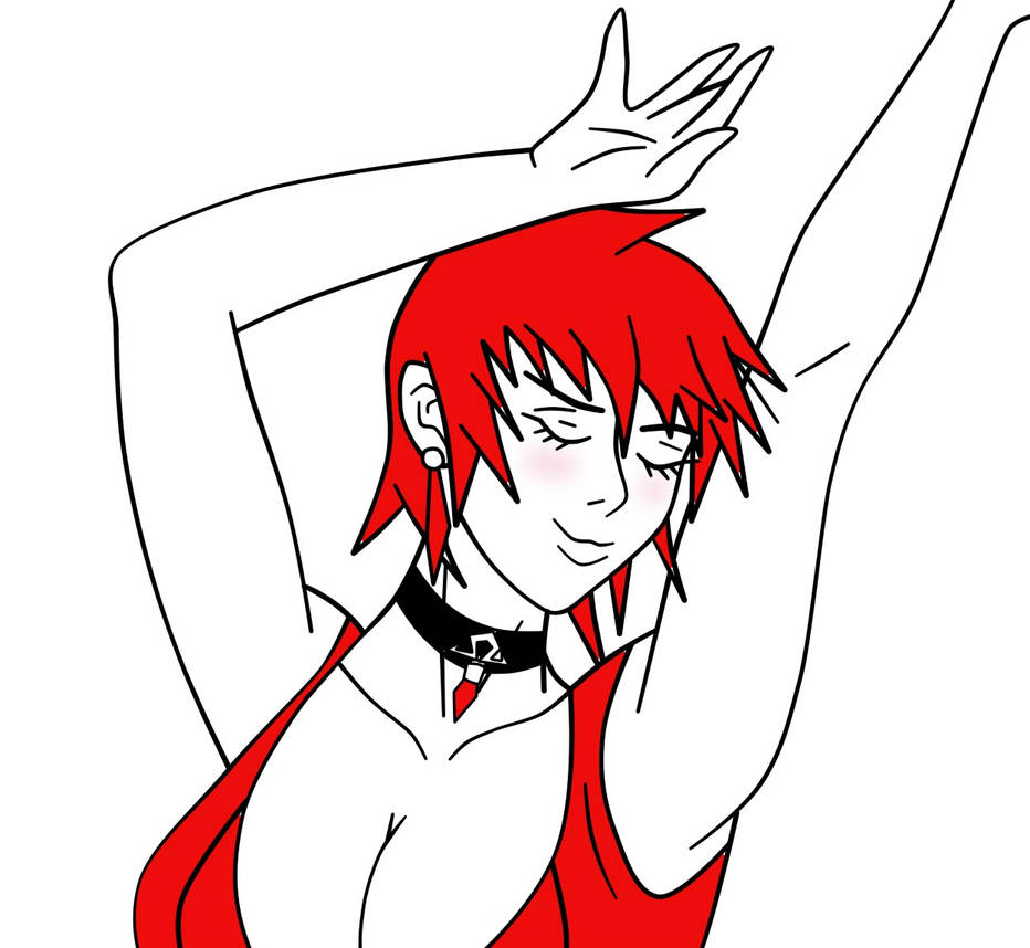 vice (kof), the king of fighters, 1girl, breasts, cleavage, closed eyes, collar, dress, earrings, female focus, hands up, jewelry, large breasts, pps0226, red hair, short hair, smile, smiley face