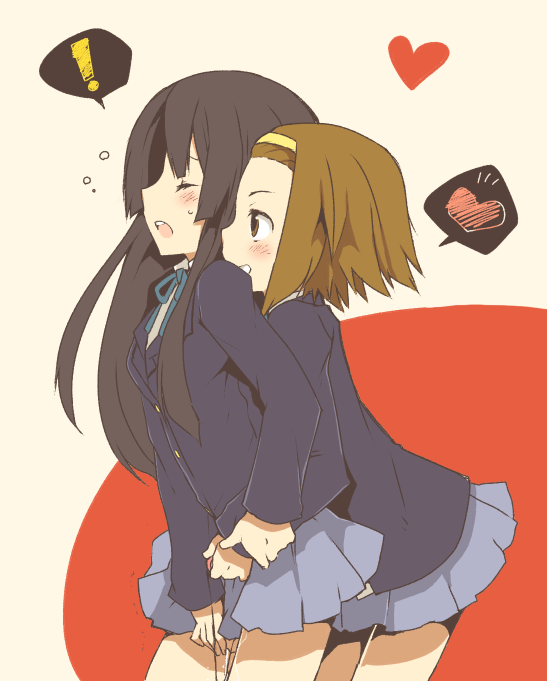 kamiyoshi rika, akiyama mio, tainaka ritsu, k-on!, !, 00s, 2girls, black hair, blunt bangs, blush, brown hair, hairband, heart, hime cut, multiple girls, pussy juice, school uniform, sex toy, spoken heart, vibrator, yuri