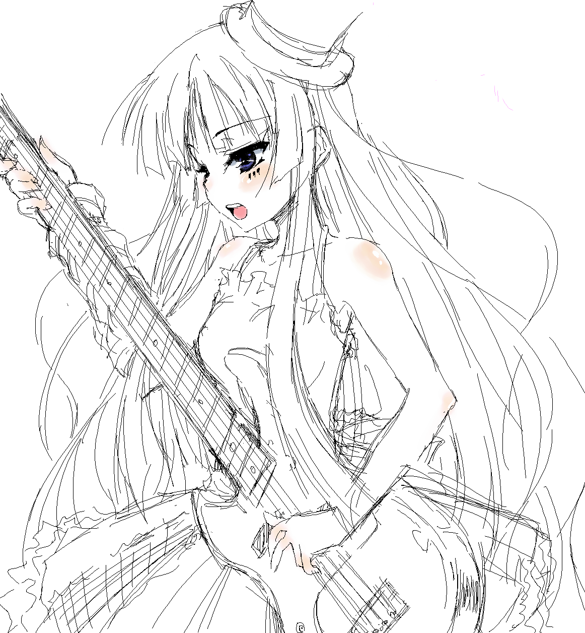 iseno yajin, akiyama mio, don't say "lazy", k-on!, highres, 00s, 1girl, bass guitar, blue eyes, blunt bangs, facepaint, female focus, gothic lolita, hat, hime cut, instrument, lolita fashion, mini hat, mini top hat, monochrome, oekaki, solo, spot color, top hat