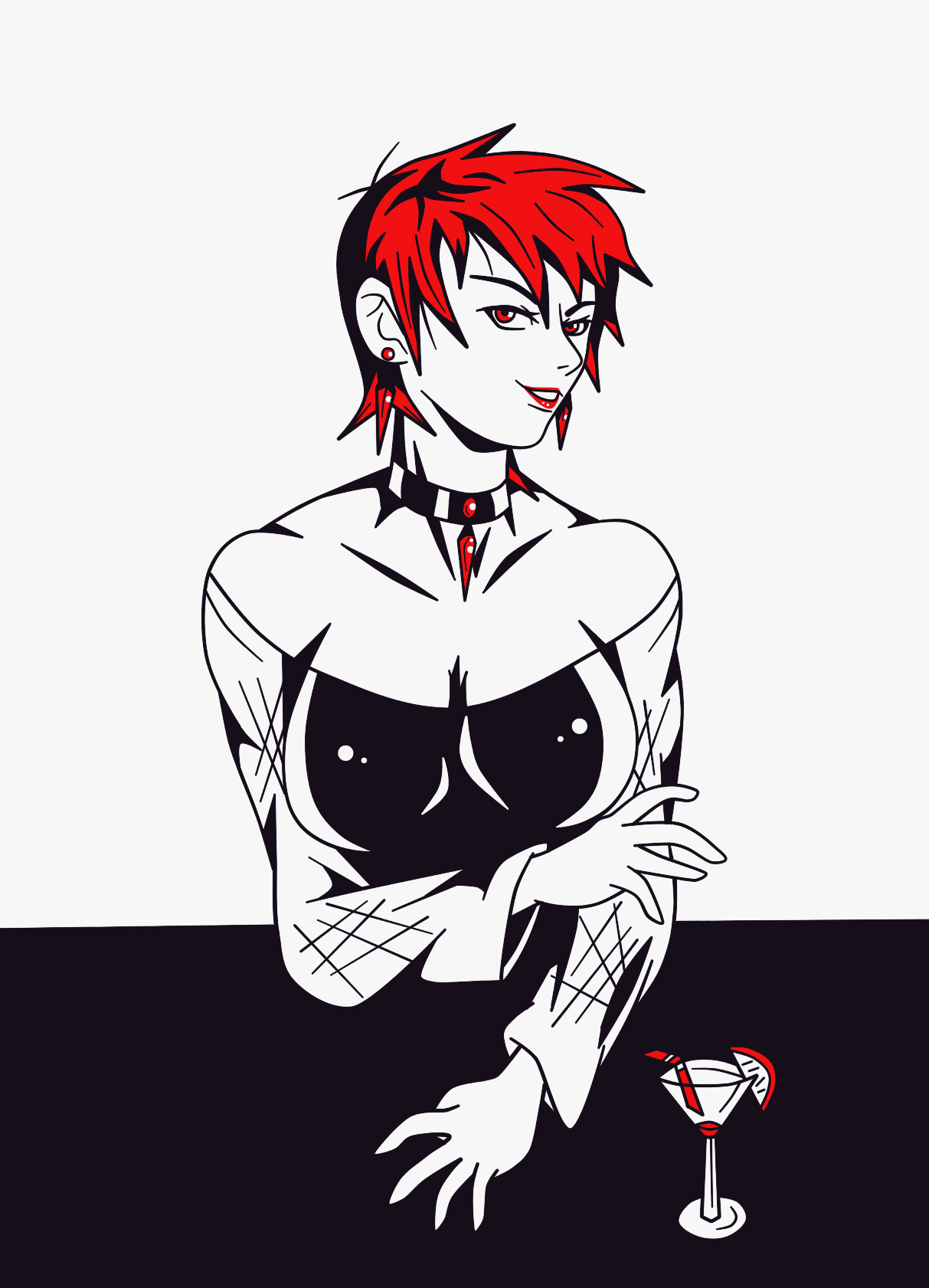 vice (kof), the king of fighters, highres, 1girl, breasts, drink, earrings, female focus, food, fruit, glass, huge breasts, jewelry, large breasts, long sleeves, looking at viewer, pale skin, pps0226, red eyes, red hair, short hair, smile, table