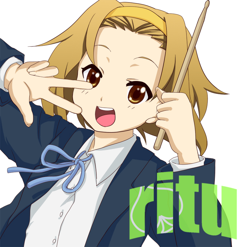 mishiyomi kazumi, tainaka ritsu, k-on!, 00s, 1girl, arm up, blazer, blue ribbon, brown eyes, brown hair, collared shirt, female focus, hairband, hand up, head tilt, holding, jacket, long sleeves, open mouth, ribbon, round teeth, school uniform, shirt, short hair, simple background, smile, solo, teeth, v, white background, white shirt