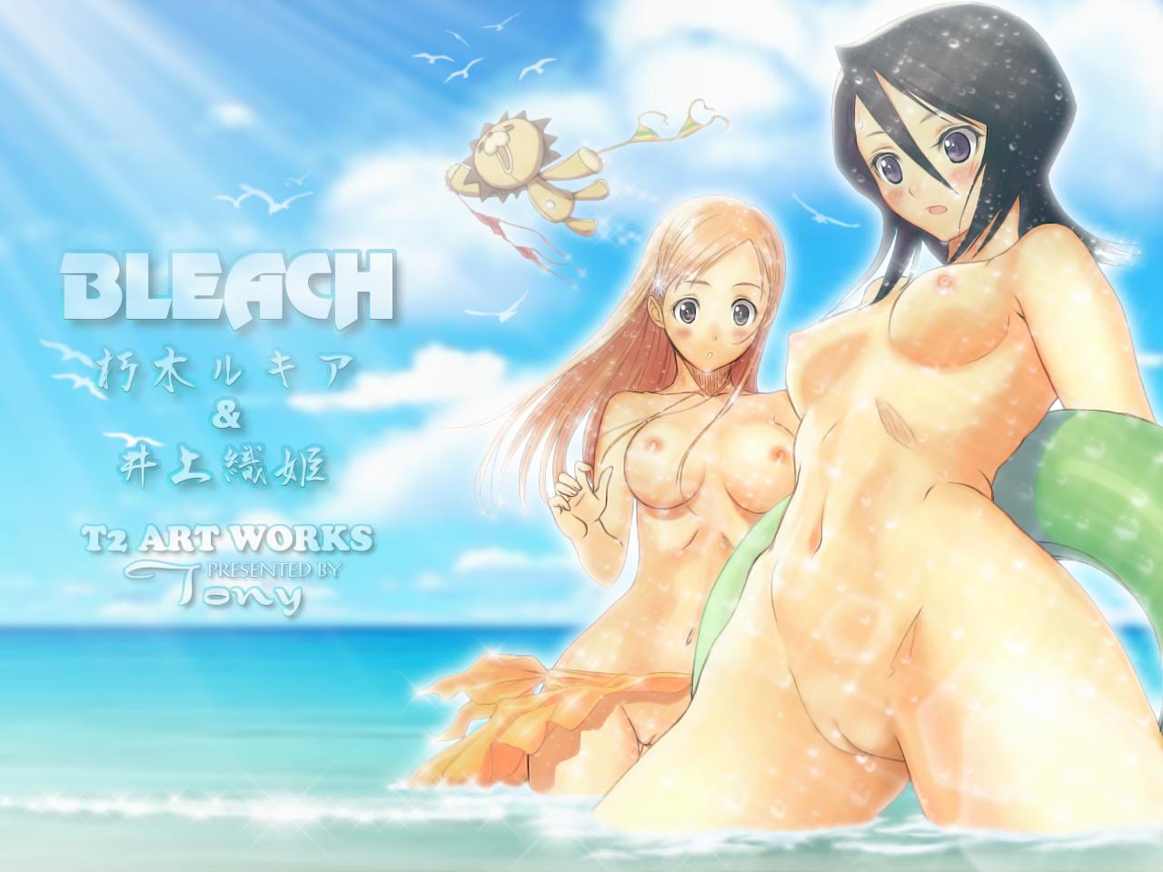 tony taka, inoue orihime, kon (bleach), kuchiki rukia, bleach, nude filter, third-party edit, 00s, 2girls, black hair, blush, breasts, cleft of venus, innertube, large breasts, long hair, multiple girls, nipples, nude, ocean, orange hair, pussy, swim ring, uncensored, wardrobe malfunction, water