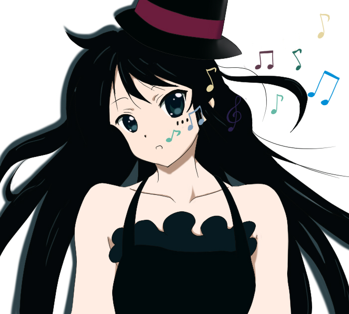 miracle (miracle1980), akiyama mio, don't say "lazy", k-on!, 00s, 1girl, artistic error, black hair, blunt bangs, facepaint, female focus, hat, hime cut, long hair, mini hat, mini top hat, musical note, solo, top hat