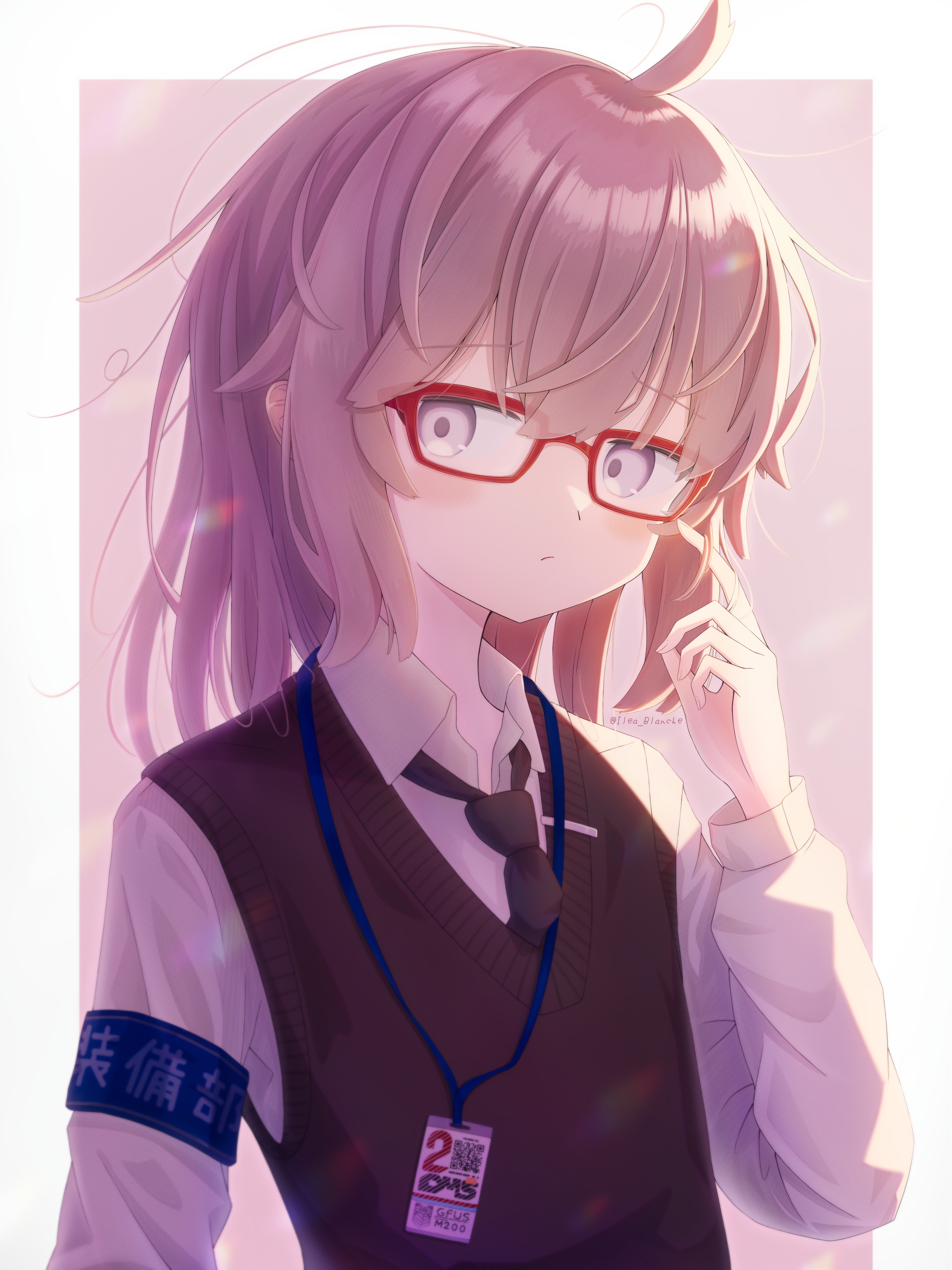 ilea blanche, m200 (girls' frontline), girls' frontline, absurdres, commentary request, highres, 1girl, alternate costume, alternate hairstyle, armband, bespectacled, black necktie, black vest, blue armband, brown background, brown hair, closed mouth, collared shirt, glasses, hand up, id card, long hair, looking at viewer, necktie, red-framed eyewear, shirt, simple background, solo, upper body, vest, white background, white shirt