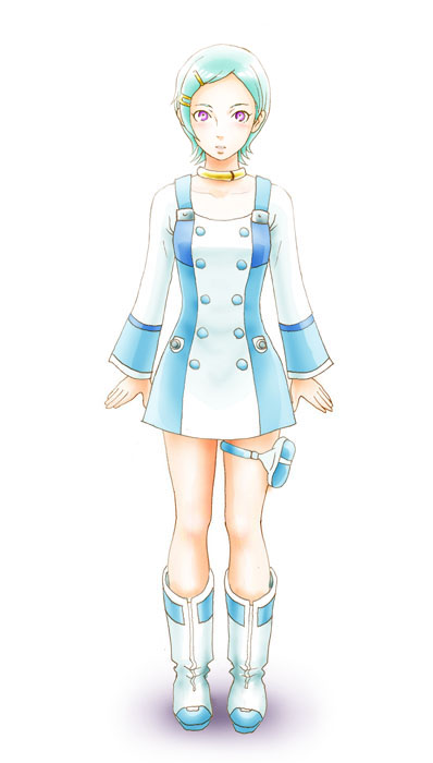 leica (leica xx), eureka (eureka seven), eureka seven, eureka seven (series), bad id, bad pixiv id, 00s, 1girl, blue hair, boots, collar, female focus, full body, gradient background, hair ornament, hairclip, pink eyes, short hair, solo, thigh strap