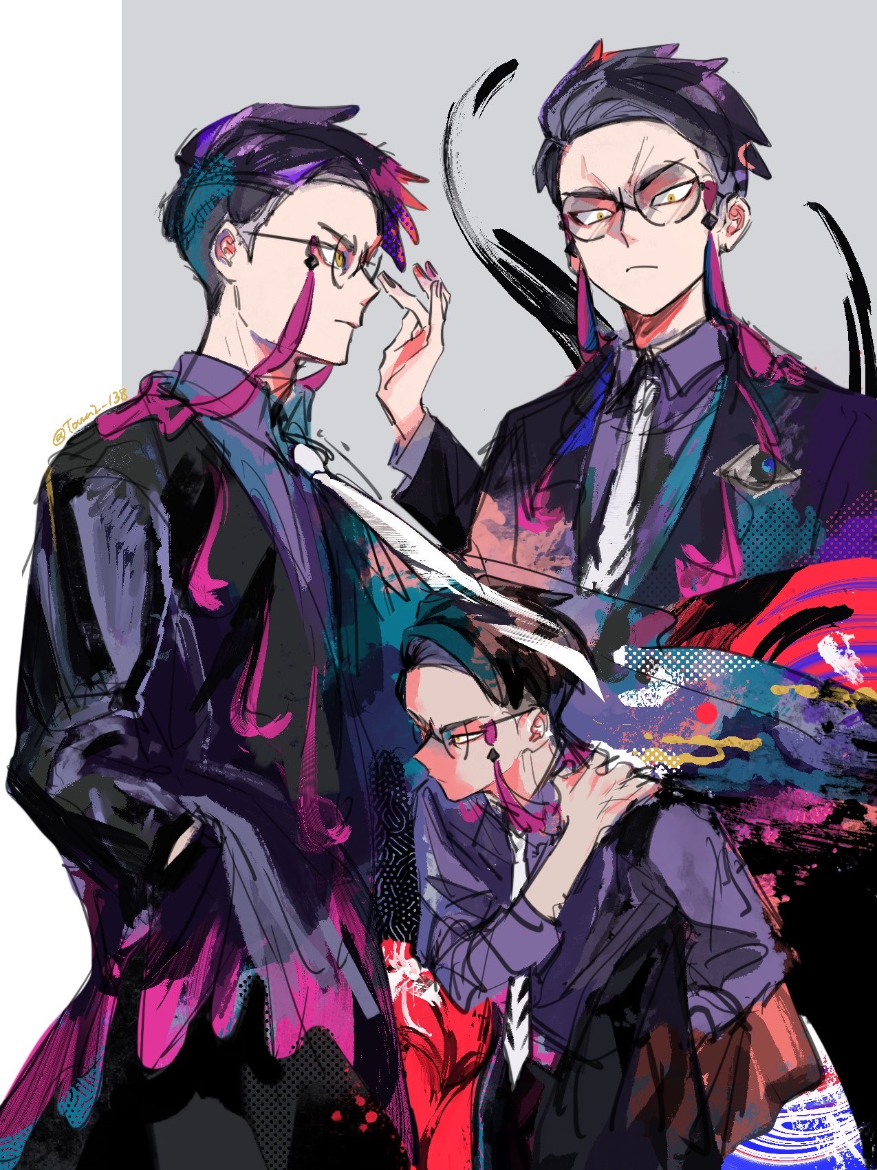 towa2 138, corbeau (pokemon), nintendo, pokemon, pokemon legends: z-a, commentary request, highres, 1boy, adjusting eyewear, angry, black hair, collared shirt, furrowed brow, glasses, hand on own shoulder, male focus, necktie, purple shirt, round eyewear, shirt, short hair, v-shaped eyebrows, white necktie