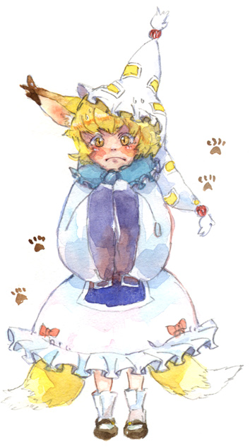 gogo/tad, yakumo ran, touhou, painting (medium), traditional media, watercolor (medium), 1girl, aged down, animal ears, animal hat, blonde hair, child, female focus, fox ears, fox tail, full body, hands in opposite sleeves, hat, long sleeves, mob cap, multiple tails, paw print, shoes, short hair, socks, solo, standing, tail, white background, wide sleeves, yellow eyes