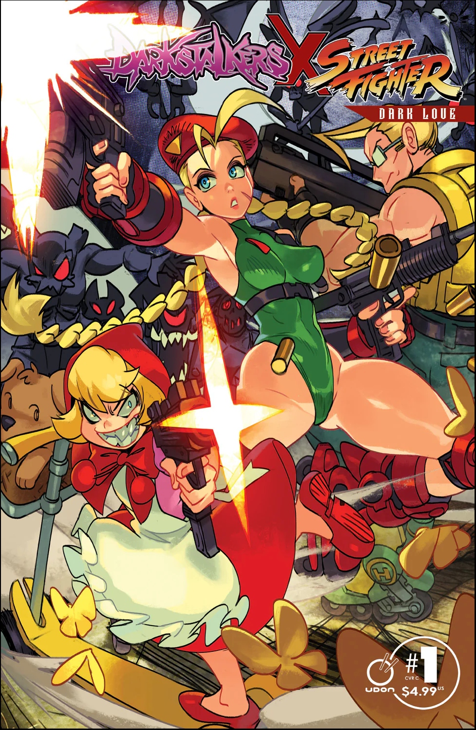 alex ahad, udon entertainment, b.b. hood, cammy white, charlie nash, harry (darkstalkers), capcom, darkstalkers, street fighter, comic cover, commentary, highres, official art, 1boy, 2girls, beret, blonde hair, breasts, bullet, cloak, company connection, copyright name, crossover, dress, evil smile, facial scar, firing, firing at viewer, glasses, green leotard, gun, hat, highleg, highleg leotard, hood, hooded cloak, leotard, machine gun, monster, motor vehicle, multiple girls, on scooter, red cloak, roller skates, scar, scar on cheek, scar on face, scooter, sharp teeth, shell casing, skates, smile, submachine gun, teeth, uzi, weapon