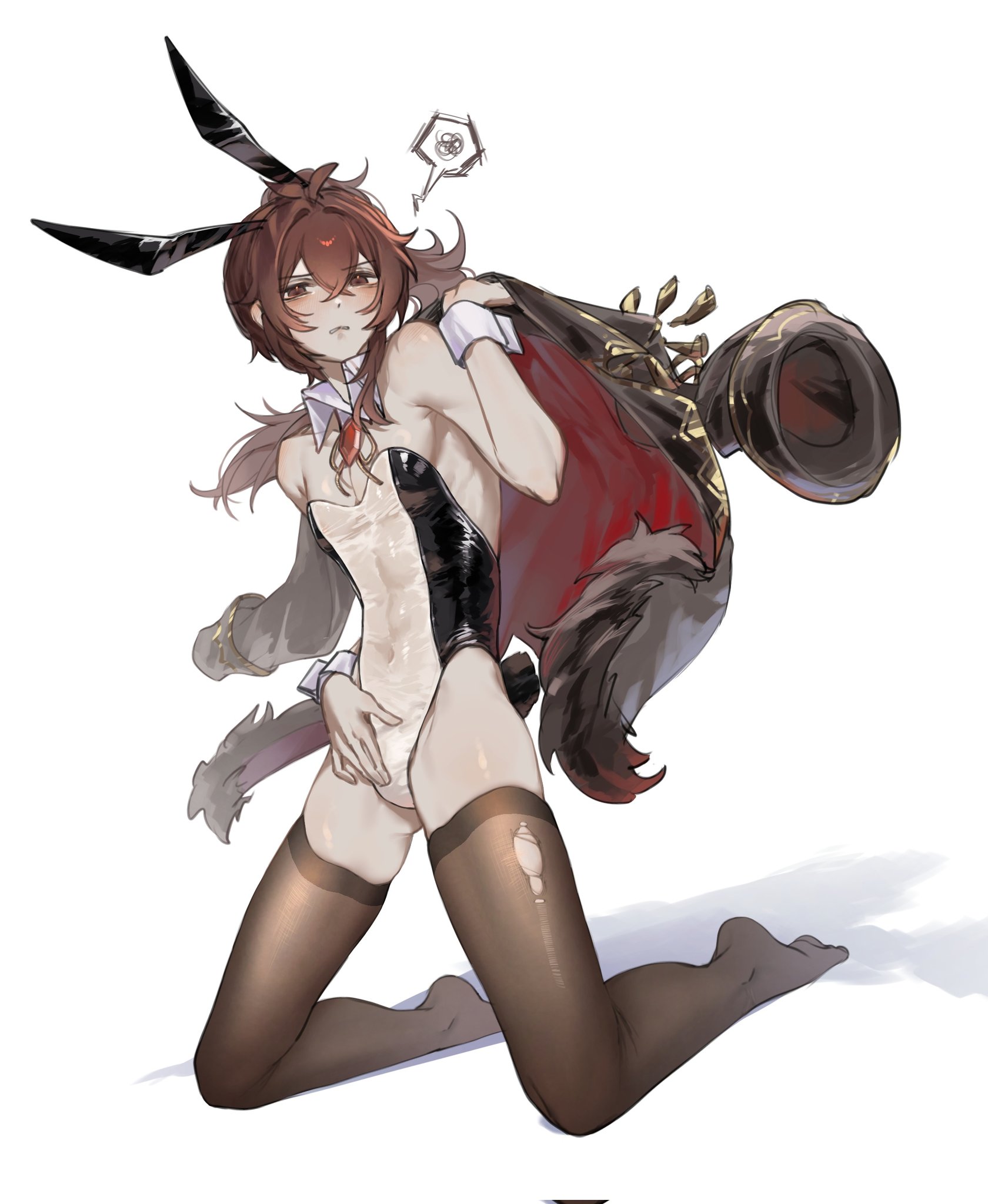 zehuij, diluc (genshin impact), genshin impact, highres, 1boy, animal ears, black thighhighs, covered navel, crossdressing, crossdressing (mtf), detached collar, fake animal ears, full body, holding unworn jacket, kneeling, leotard, looking at viewer, male focus, male playboy bunny, rabbit ears, rabbit tail, simple background, solo, strapless, strapless leotard, tail, thighhighs, torn clothes, torn thighhighs, transparent leotard, white background, wrist cuffs