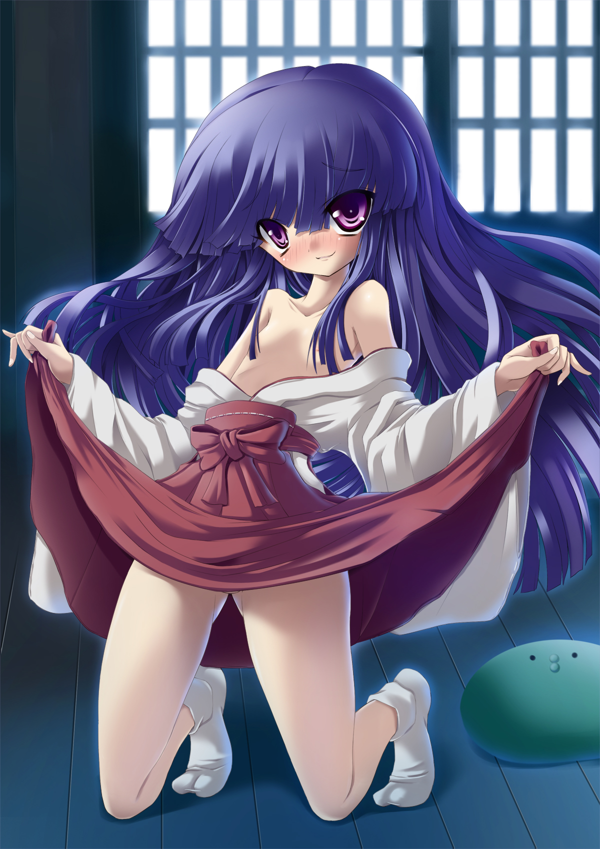 torisan, furude rika, higurashi no naku koro ni, highres, 00s, 1girl, blue hair, blush, breasts, clothes lift, female focus, hakama, hakama skirt, japanese clothes, kimono, loli, long hair, miko, nipples, no panties, open clothes, open kimono, open shirt, purple eyes, red hakama, shirt, skirt, skirt lift, small breasts, solo, tabi