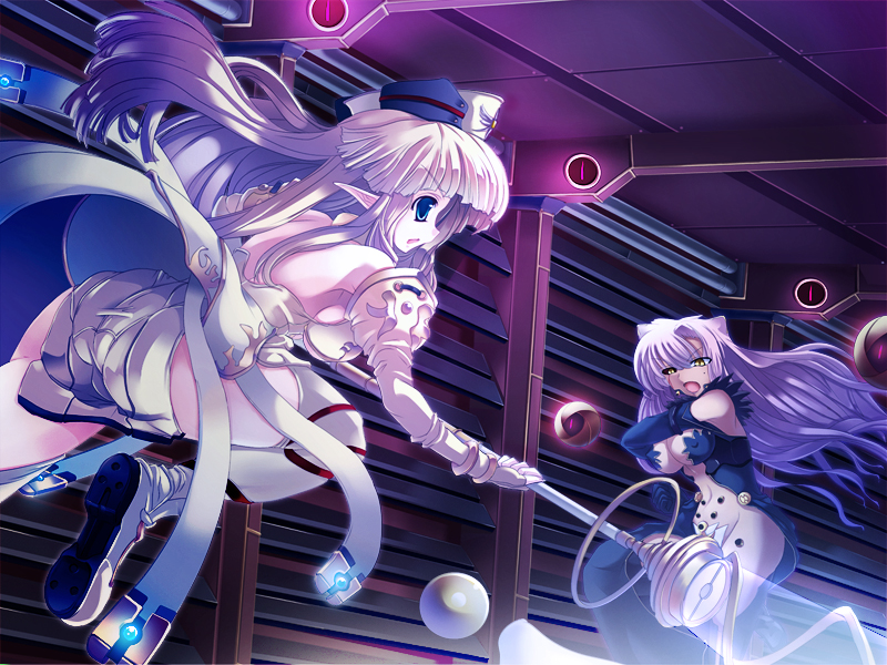 torisan, original, 2girls, animal ears, battle, blue eyes, cat ears, detached sleeves, long hair, multiple girls, pointy ears, purple hair, slit pupils, staff, yellow eyes