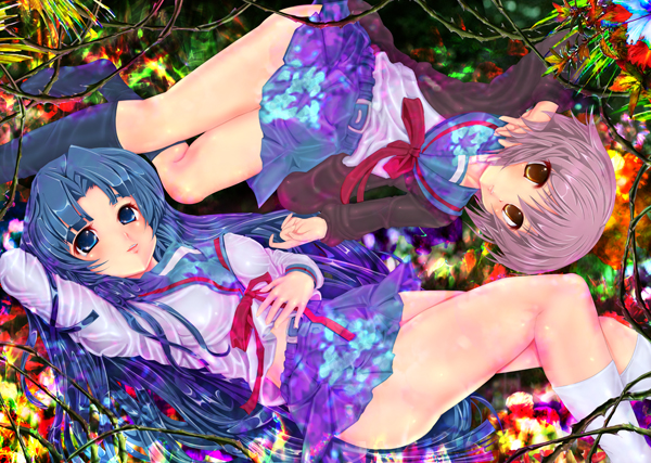 teruru, asakura ryoko, nagato yuki, suzumiya haruhi no yuuutsu, 00s, blue eyes, blue hair, brown eyes, colorful, long hair, purple hair, school uniform, serafuku, short hair