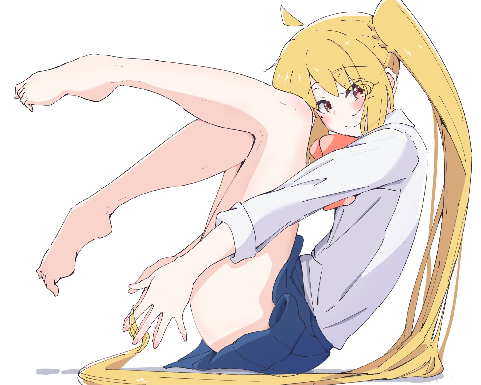ijichi nijika, bocchi the rock!, chinese commentary, commentary request, highres, 1girl, 9d irst, ahoge, barefoot, blonde hair, blue skirt, blush, bow, bowtie, braid, detached ahoge, feet, from side, knees to chest, long hair, long sleeves, looking at viewer, one side up, playing with own hair, pleated skirt, polka dot, polka dot bow, polka dot bowtie, red eyes, school uniform, shimokitazawa high school uniform, shirt, side ponytail, side ponytail with braided base, simple background, skirt, smile, solo, thighs, toe scrunch, very long hair, white background, white shirt