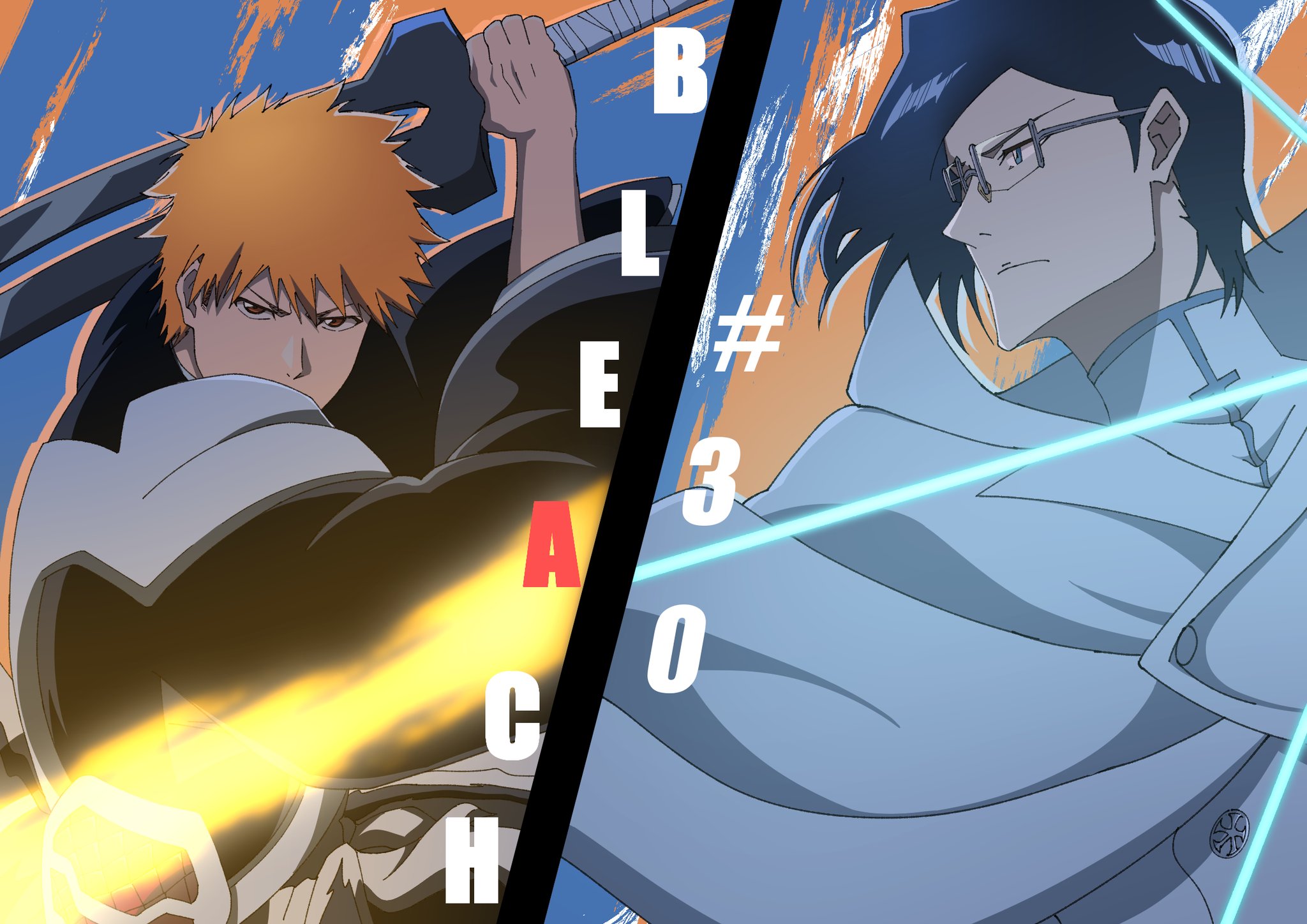 sha11021997, ishida uryuu, kurosaki ichigo, bleach, bleach: sennen kessen-hen, commentary request, highres, 2boys, anime coloring, black hair, black kimono, blue eyes, brown eyes, cape, closed mouth, copyright name, drop shadow, energy, energy weapon, episode number, fighting stance, floating hair, frown, glasses, holding, holding sword, holding weapon, japanese clothes, kimono, long sleeves, looking at viewer, looking to the side, male focus, multiple boys, official artist extra, official style, orange hair, shikai, short hair, spiked hair, sword, true zangetsu (shikai), tsurime, upper body, v-shaped eyebrows, weapon, white cape, wide sleeves