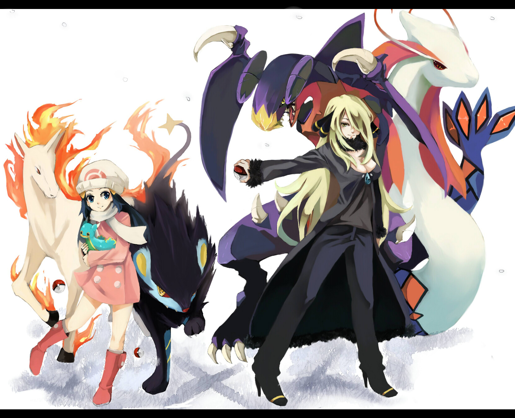 nako, nako (nonrain), cynthia (pokemon), dawn (pokemon), garchomp, luxray, milotic, rapidash, shellos, shellos (east), nintendo, pokemon, pokemon dppt, bad id, bad pixiv id, highres, 00s, 2girls, alternate costume, boots, dragon, fiery hair, gen 1 pokemon, gen 3 pokemon, gen 4 pokemon, hat, holding, holding poke ball, letterboxed, multiple girls, pink boots, poke ball, pokemon (creature)