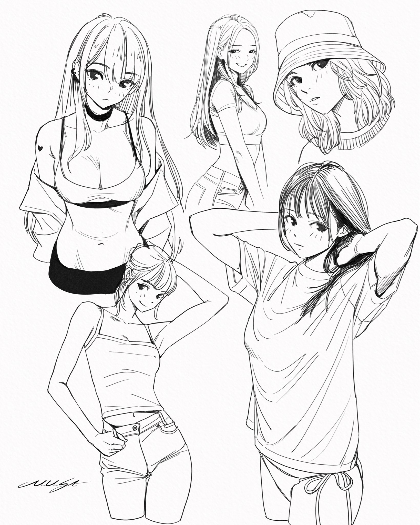 musa (musa draws), original, highres, 1girl, blush, breasts, cleavage, crop top, greyscale, hat, long hair, looking at viewer, midriff, monochrome, navel, pants, shirt, signature, smile, underwear