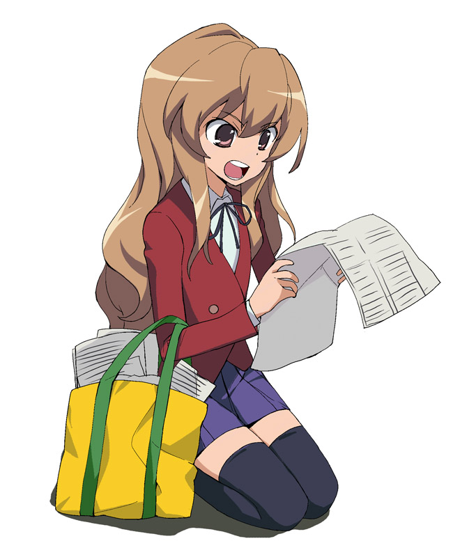 a1 (initial-g), aisaka taiga, toradora!, 00s, newspaper, school uniform, solo, thighhighs, zettai ryouiki