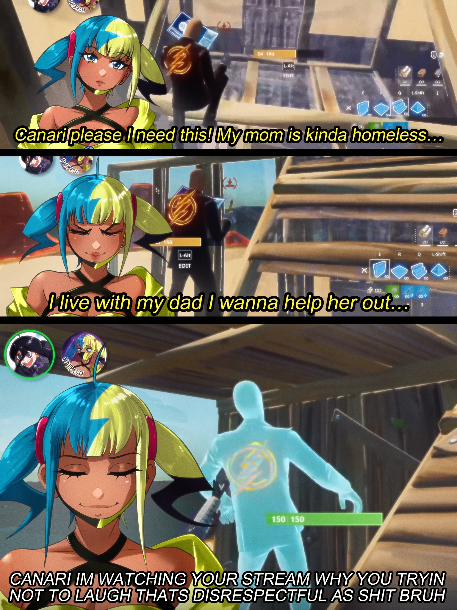 opalis, canari (pokemon), fortnite, nintendo, pokemon, pokemon legends: z-a, highres, 1girl, aqua hair, black mask, blonde hair, blue eyes, center-flap bangs, ishowspeed trying not to laugh (meme), jacket, mask, meme, mouth mask, multicolored hair, short twintails, solo, split-color hair, twintails, two-tone hair, two-tone mask, yellow jacket, yellow mask