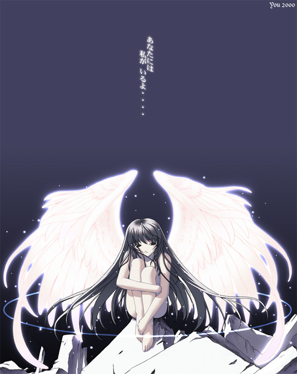 you haruka, you haruka (artist), 2000, angel, angel wings, barefoot, black hair, feet, hugging own legs, long hair, nude, rubble, solo, wings