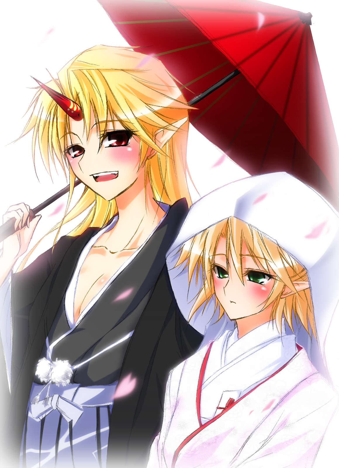 hazuki kasane, hoshiguma yuugi, mizuhashi parsee, touhou, highres, 2girls, blonde hair, female focus, green eyes, horns, japanese clothes, kimono, multiple girls, red eyes, single horn, uchikake, wedding, white kimono