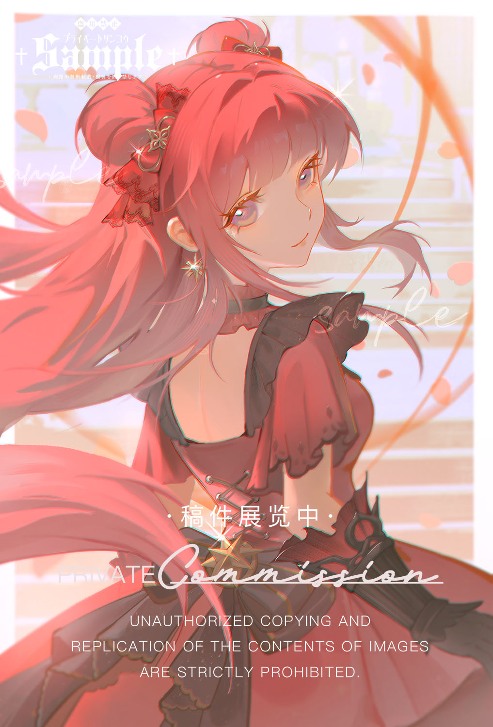 nikki (nikki), threads of reunion (infinity nikki), infinity nikki, nikki (series), chinese commentary, commentary request, commission, highres, 1girl, back bow, black bow, black choker, black gloves, blunt bangs, border, bow, brown eyes, choker, closed mouth, cowboy shot, double bun, dress, earrings, elbow gloves, eyelashes, floating hair, four-pointed star, frilled choker, frilled dress, frilled gloves, frills, from behind, gloves, hair bow, hair bun, hair ornament, happy, hexagram, indoors, jewelry, lips, long hair, looking at viewer, looking back, outside border, petals, pink hair, pink lips, pleated sleeves, purple background, red bow, red dress, sample watermark, short sleeves, shoulder blades, smile, solo, square neckline, stairs, star (symbol), star earrings, star hair ornament, very long hair, watermark, wavy hair, white border, youyutiao