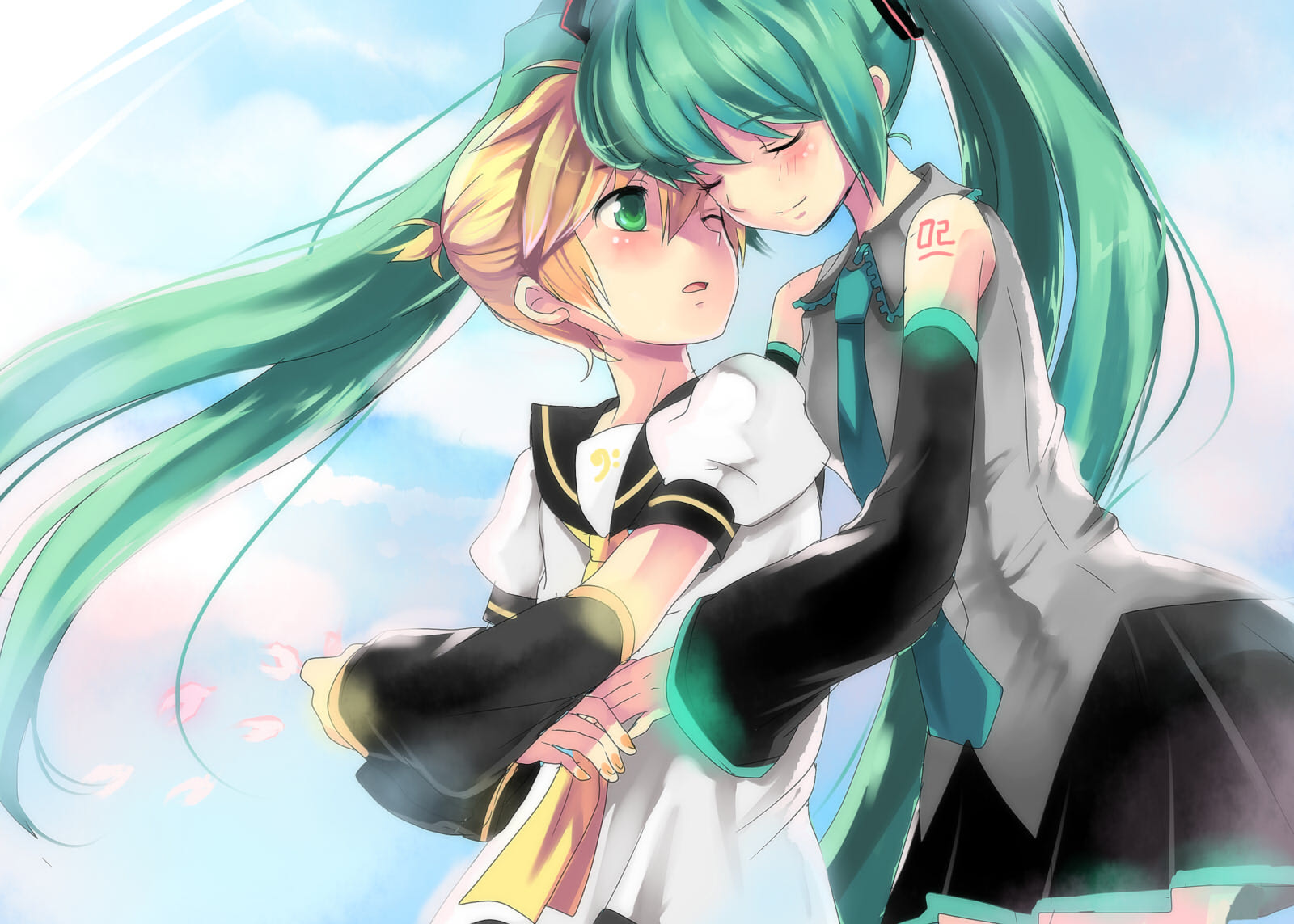 hikari no, hatsune miku, kagamine len, vocaloid, highres, jpeg artifacts, 1boy, 1girl, aqua eyes, aqua hair, artistic error, blonde hair, blush, closed eyes, couple, detached sleeves, green eyes, hetero, hug, hug from behind, long hair, nail polish, necktie, petals, short hair, skirt, twintails, very long hair, yellow nails