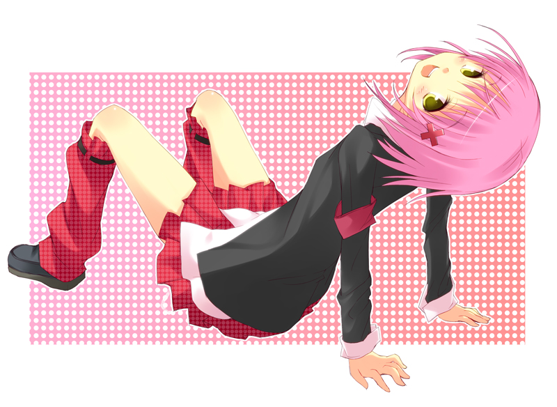 amaa (chou dennou jidai), hinamori amu, shugo chara!, 1girl, cross hair ornament, female focus, hair ornament, leg warmers, pink hair, sitting, solo, yellow eyes