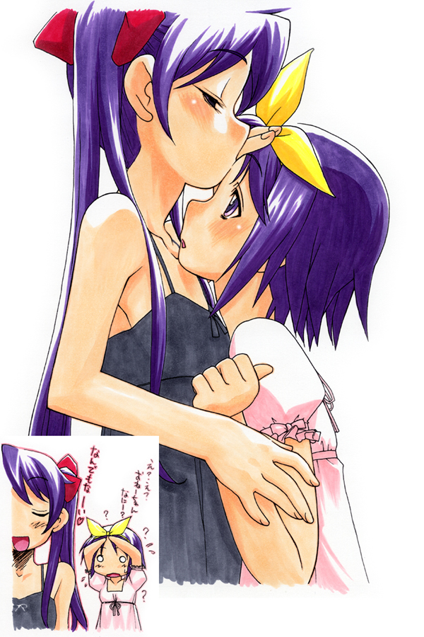 iwama yoshiki, hiiragi kagami, hiiragi tsukasa, lucky star, marker (medium), traditional media, translated, 00s, 2girls, bare shoulders, hair ribbon, incest, kiss, long hair, multiple girls, purple hair, ribbon, short hair, siblings, sisters, twins, twintails, yuri