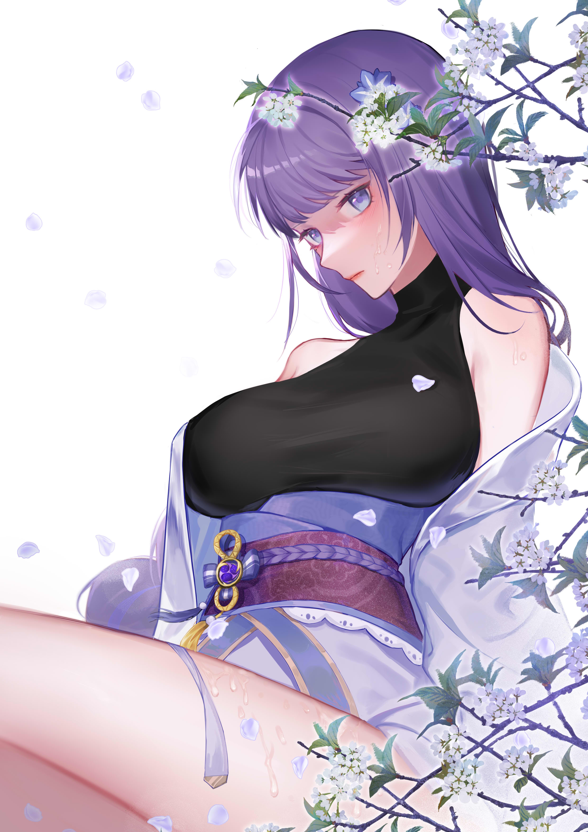 wyc zz, raiden shogun, genshin impact, absurdres, commentary request, highres, 1girl, bare shoulders, branch, breasts, closed mouth, falling petals, floral print, flower, japanese clothes, large breasts, long hair, looking at viewer, obi, obiage, obijime, petals, purple eyes, purple hair, sash, simple background, sleeveless, solo, tassel, wet, white background, white flower