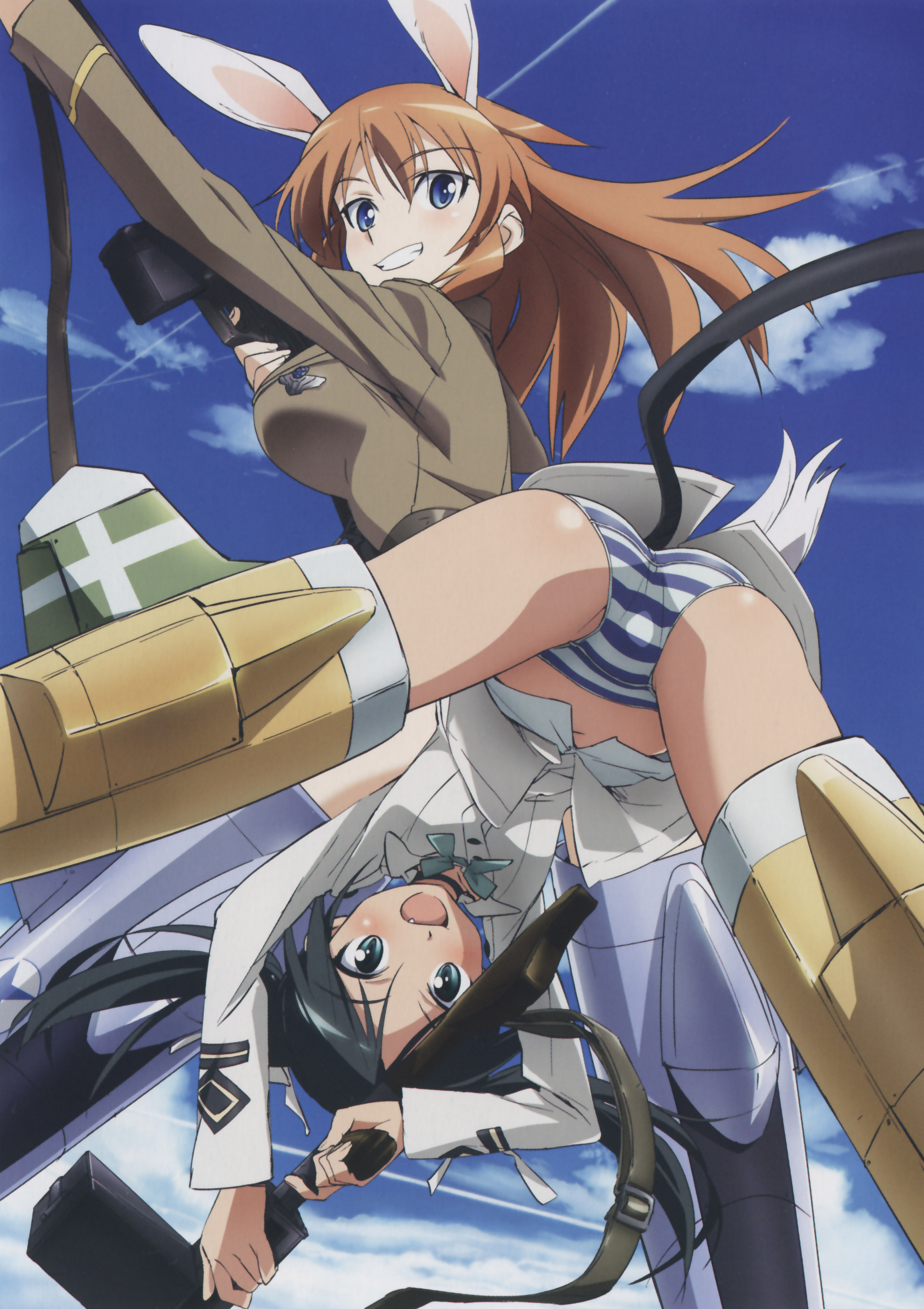 takamura kazuhiro, charlotte e. yeager, francesca lucchini, strike witches, world witches series, absurdres, highres, scan, 00s, 2girls, animal ears, ass, black hair, breasts, brown hair, cat ears, cat tail, gun, large breasts, light machine gun, m1918 bar, machine gun, multiple girls, panties, rabbit ears, rabbit girl, striker unit, striped clothes, striped panties, tail, twintails, underwear, weapon