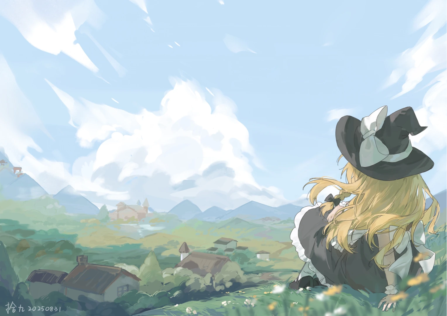 shijiu (shizuoxing), kirisame marisa, touhou, 1girl, artist name, black bow, black hat, black shoes, black skirt, blonde hair, bow, braid, building, cloud, dated, day, facing away, hair bow, hat, hat bow, hat ribbon, long hair, outdoors, ribbon, shoes, side braid, signature, single braid, sitting, skirt, solo, white bow, white ribbon, witch hat, wrist cuffs