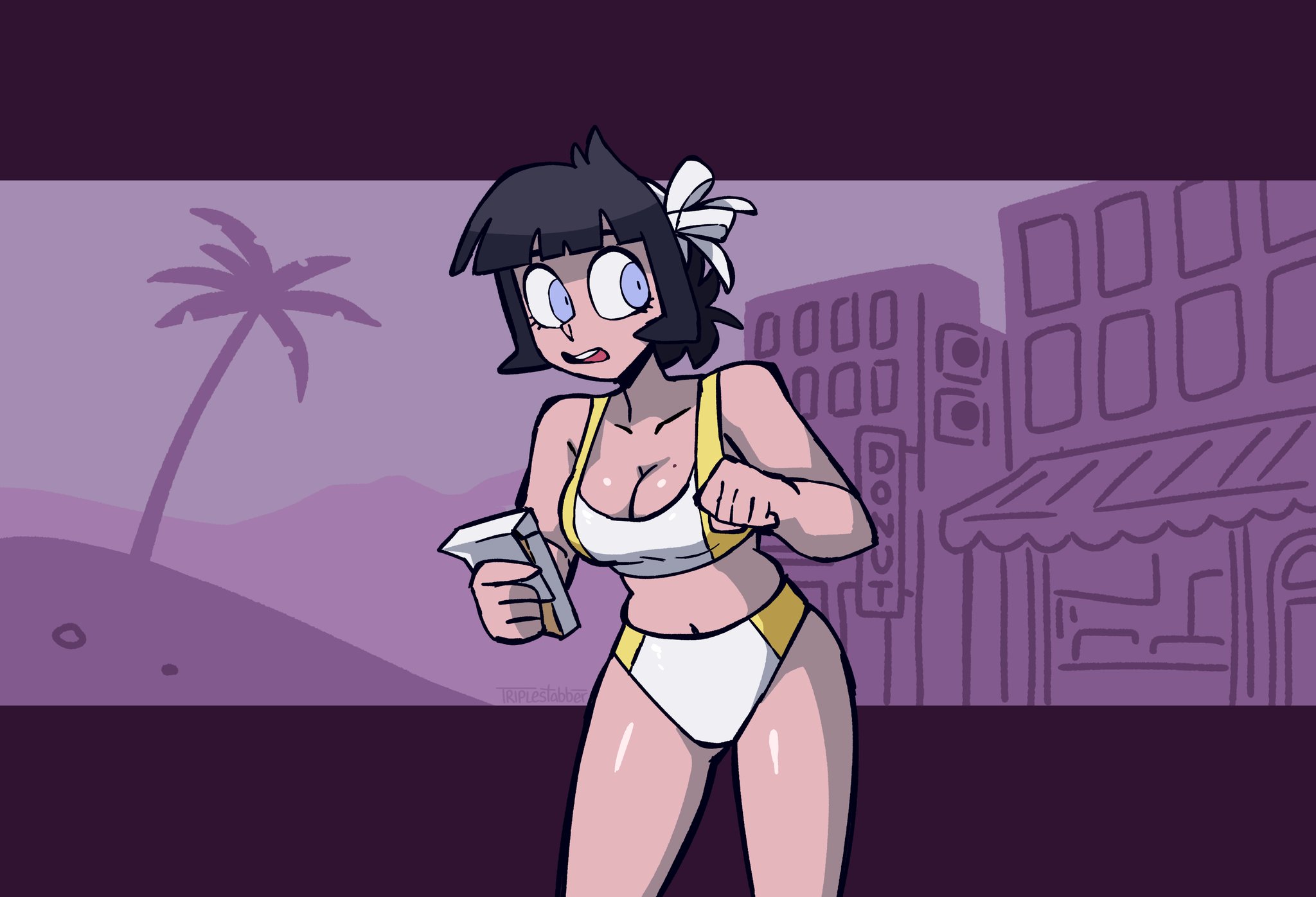 triple stabber, azazel (helltaker), helltaker, commentary, english commentary, highres, 1girl, artist name, averting eyes, awning, bare shoulders, beach, bikini, black hair, blue eyes, blunt bangs, bob cut, border, bow, breasts, building, cleavage, clenched hand, collarbone, cowboy shot, eyelashes, hair bow, hair ribbon, hairband, holding, holding notepad, letterboxed, looking at viewer, medium breasts, midriff, mole, mole on breast, multicolored bikini, navel, notepad, open mouth, outside border, palm tree, purple background, purple border, ribbon, shiny skin, short hair, sidelocks, sign, signature, solo, standing, swimsuit, teeth, tree, two-tone bikini, upper teeth only, white bikini, white bow, white hairband, white ribbon, yellow bikini