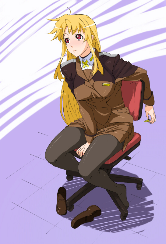 thesale, fate testarossa, lyrical nanoha, mahou shoujo lyrical nanoha, mahou shoujo lyrical nanoha strikers, bad id, bad pixiv id, 00s, 1girl, blonde hair, chair, feet, female focus, full body, long hair, pantyhose, red eyes, ribbon, shoes, sitting, solo, very long hair