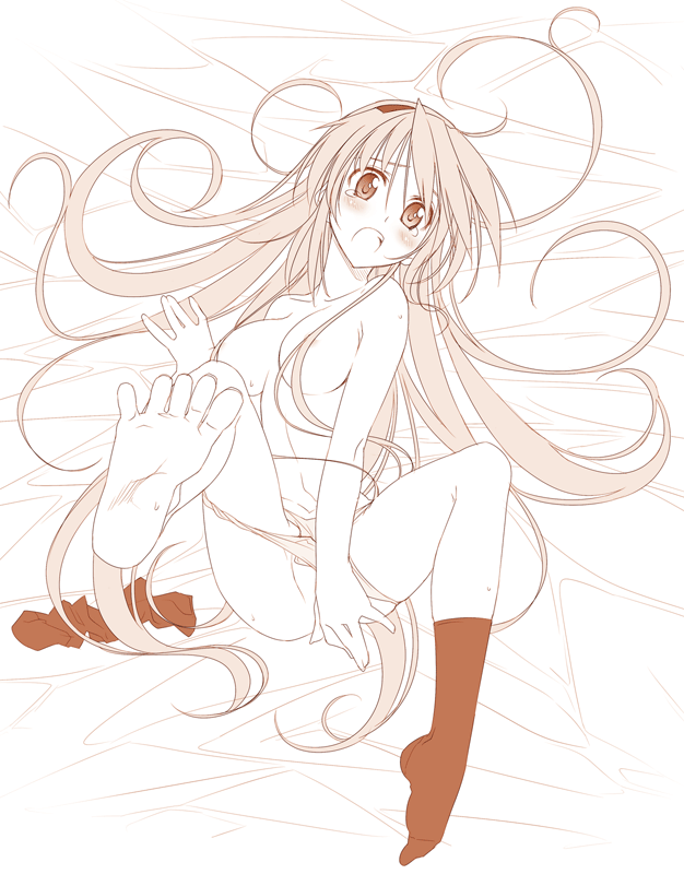 himura kiseki, sakagami tomoyo, clannad, 00s, 1girl, barefoot, blush, breasts, censored, convenient censoring, covering privates, d:, feet, female focus, hair censor, hair over breasts, hairband, long hair, lying, medium breasts, monochrome, no shoes, nude, on back, open mouth, panties, single sock, socks, soles, solo, tears, toes, underwear, very long hair