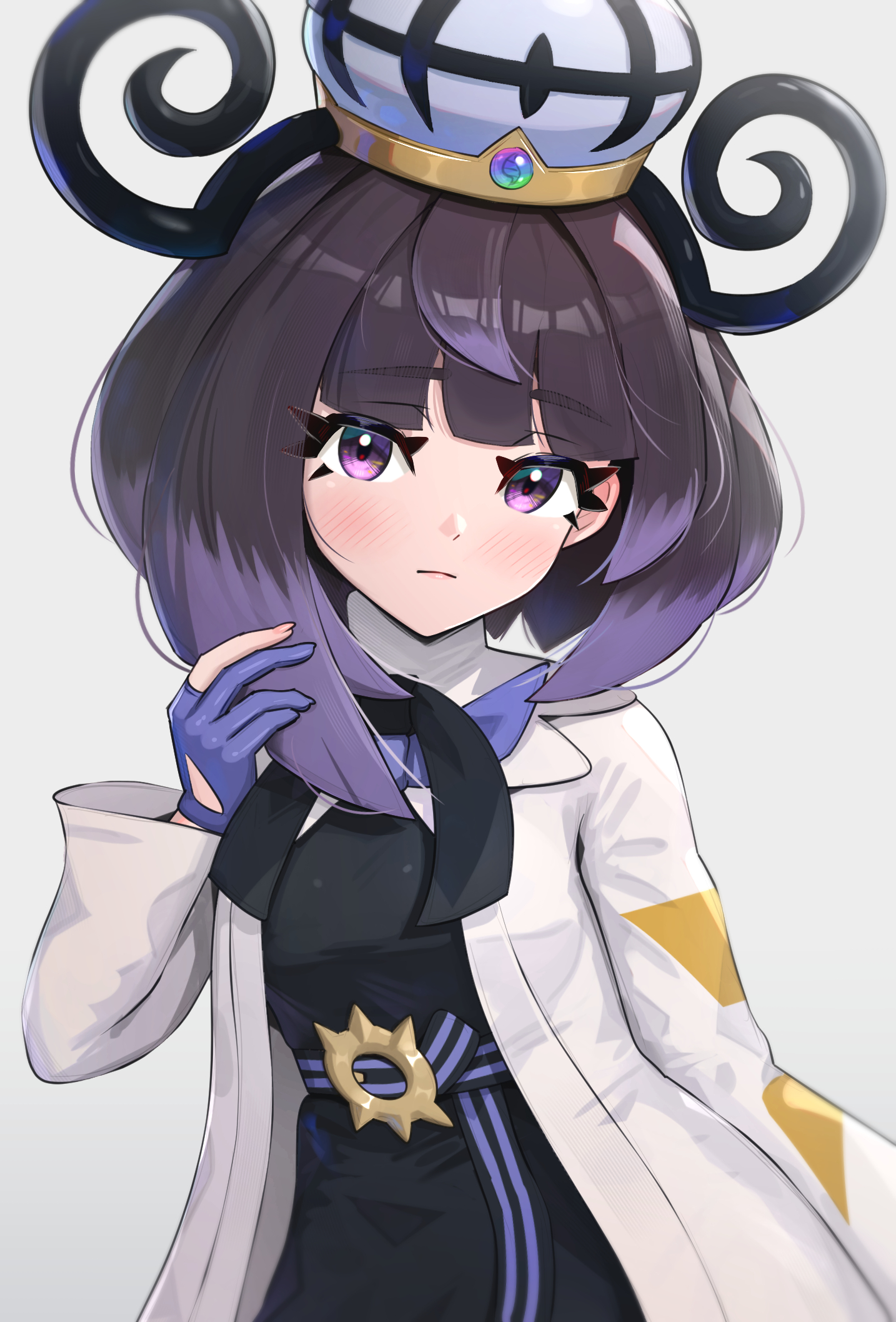 gonzarez, gwynn (pokemon), nintendo, pokemon, pokemon legends: z-a, highres, 1girl, gloves, hat, mega stone, purple eyes, purple hair, solo