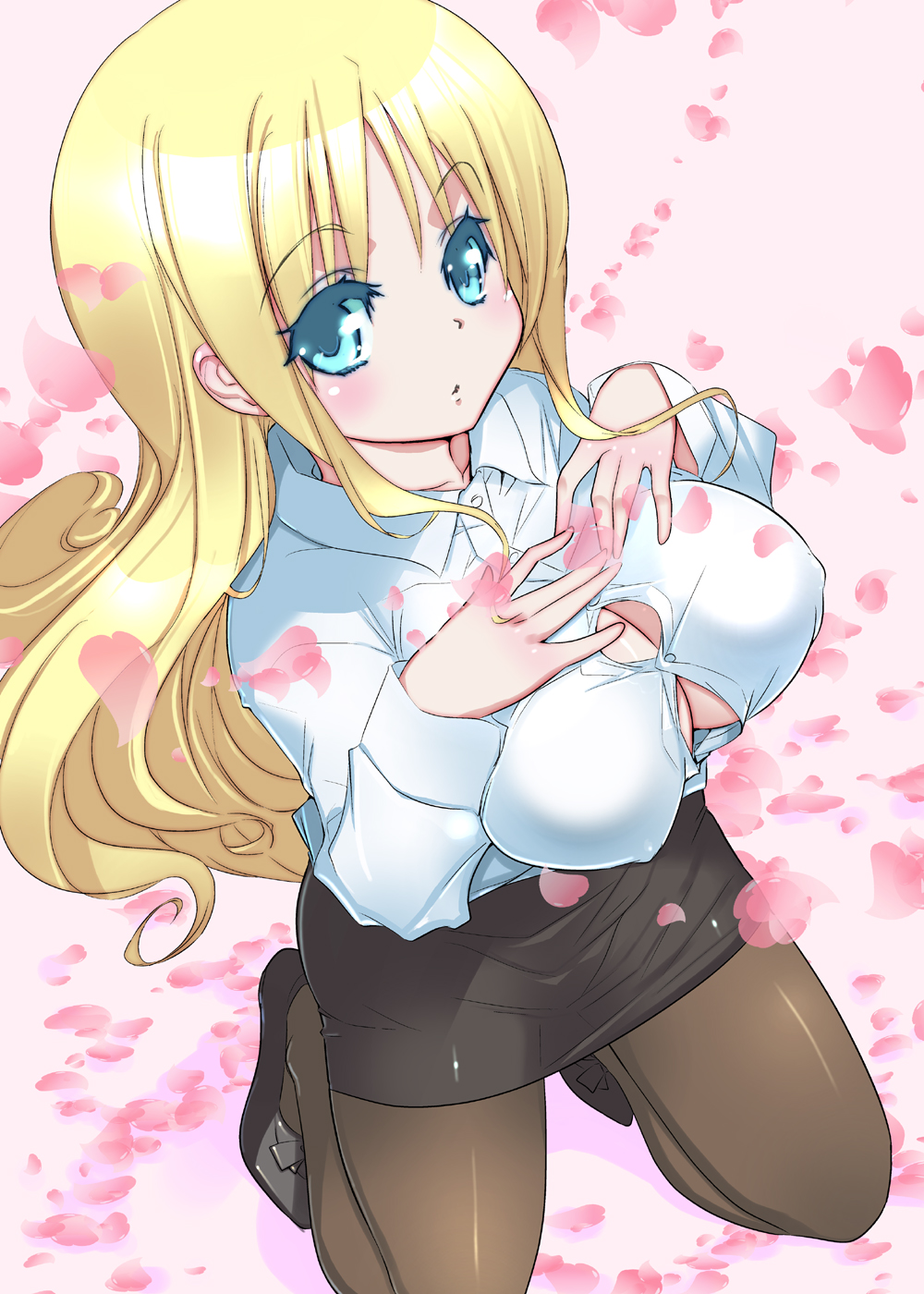 a-walk, fujishima-sei ichi-gou, ana coppola, ichigo mashimaro, highres, 1girl, aged up, blonde hair, blue eyes, breasts, bursting breasts, colored eyelashes, eyelashes, female focus, huge breasts, long hair, pantyhose, pencil skirt, skirt, solo