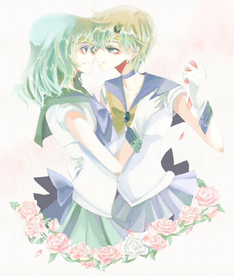 nako, nako (nonrain), kaiou michiru, sailor neptune, sailor uranus, ten'ou haruka, bishoujo senshi sailor moon, bad id, bad pixiv id, 1990s (style), 2girls, blonde hair, blue sailor collar, blue skirt, blush, bow, choker, couple, flower, gloves, green hair, long hair, magical girl, multiple girls, outer senshi, petals, rose, sailor collar, sailor senshi, short hair, skirt, tiara, wavy hair, white gloves, yellow bow, yuri