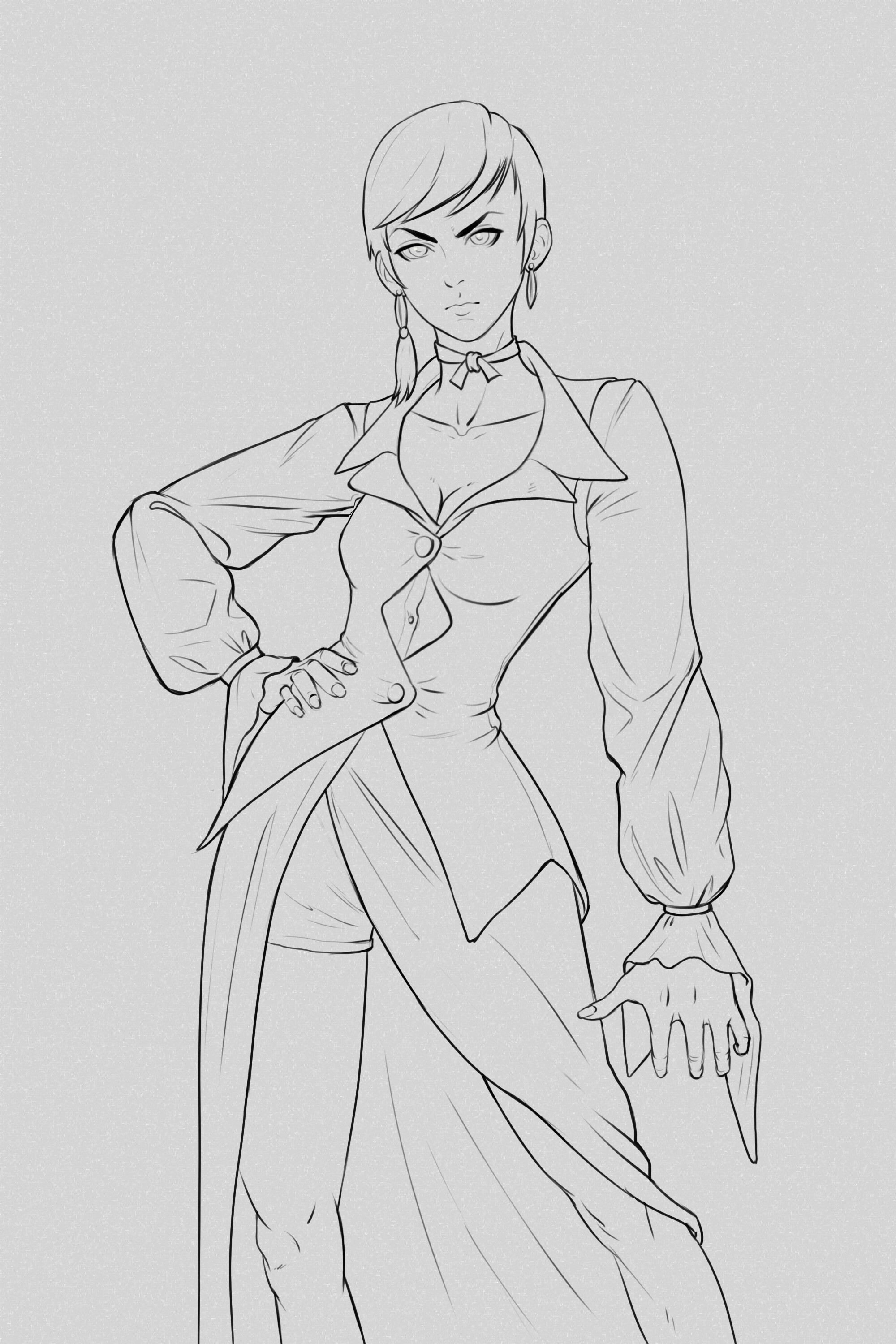 vice (kof), the king of fighters, absurdres, highres, 1girl, breasts, dimitar spasov, dress, earrings, female focus, hand on own hip, jewelry, long sleeves, medium breasts, pants, short hair, skirt, standing, thighs