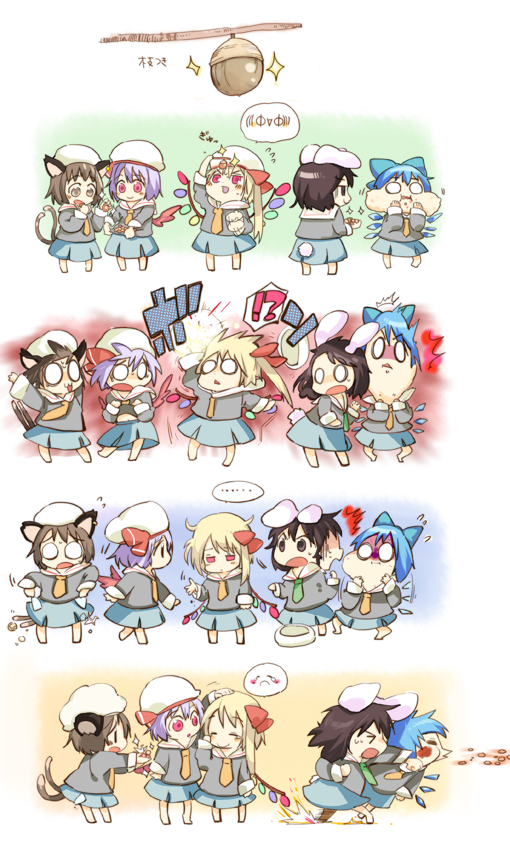 ogawa maiko, chen, cirno, flandre scarlet, inaba tewi, remilia scarlet, touhou, highres, 5girls, acorn, aged down, alternate costume, animal ears, asphyxiation, bat wings, black hair, blonde hair, blue hair, brown hair, cat ears, cat girl, cat tail, child, choking on object, comforting, comic, explosion, female focus, hat, headpat, kindergarten, multiple girls, o o, origami, paper crane, punching, rabbit ears, red eyes, school uniform, short hair, silent comic, surprised, tail, unworn hat, unworn headwear, wings