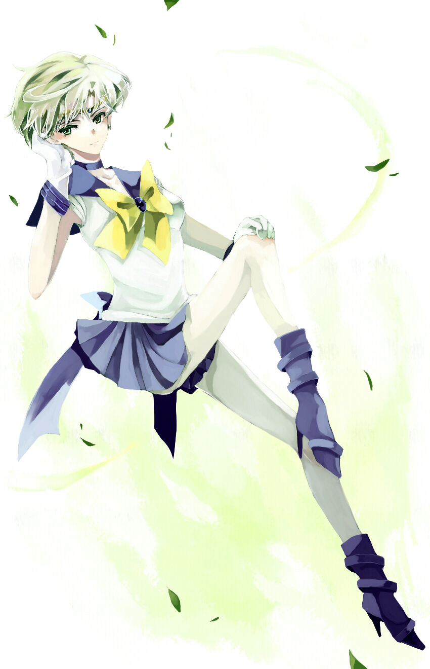 nako, nako (nonrain), sailor uranus, ten'ou haruka, bishoujo senshi sailor moon, blue footwear, bad id, bad pixiv id, highres, 1990s (style), 1girl, androgynous, blonde hair, blue sailor collar, blue skirt, boots, bow, choker, female focus, gloves, high heels, magical girl, retro artstyle, reverse trap, sailor collar, shoes, short hair, skirt, solo, tiara, white gloves, yellow bow