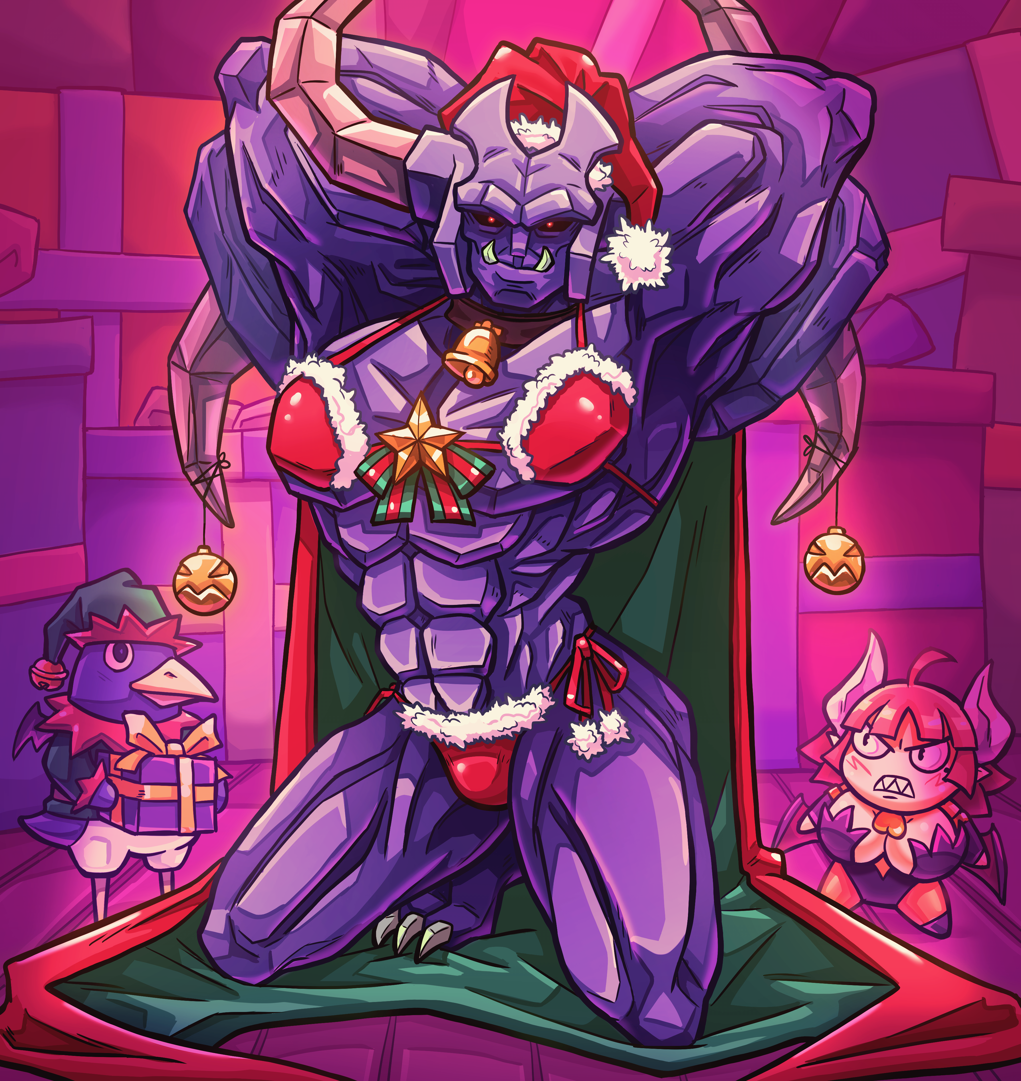 baal (disgaea), maou prier, prier, prinny, disgaea, la pucelle, absurdres, highres, 1boy, 1girl, 1other, bell, bikini, black sclera, box, cape, chibi, christmas, christmas ornaments, collar, colored sclera, colored skin, demon boy, demon girl, demon horns, fur-trimmed headwear, fur trim, gift, gift box, hat, horns, huzuro, muscular, neck bell, santa bikini, santa costume, santa hat, sharp teeth, swimsuit, teeth