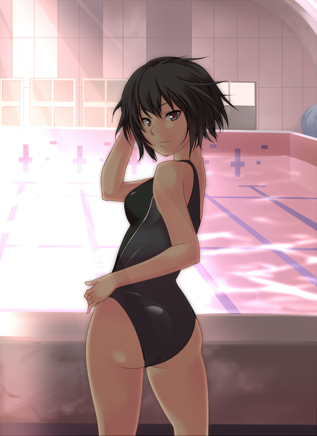 kurou (yugato), yugato, nanasaki ai, amagami, 1girl, arm up, ass, black hair, black one-piece swimsuit, brown eyes, caustics, competition swimsuit, female focus, hair between eyes, hand on own head, indoors, light rays, looking back, messy hair, one-piece swimsuit, pool, poolside, short hair, solo, sunbeam, sunlight, swimsuit, thighs
