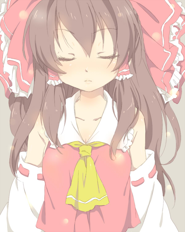 kona, kona (canaria), hakurei reimu, touhou, 1girl, ascot, black hair, blouse, bow, closed eyes, detached sleeves, female focus, frilled hair tubes, frills, hair bow, hair tubes, japanese clothes, long hair, miko, red shirt, shirt, sleeveless, sleeveless shirt, solo, yellow ascot